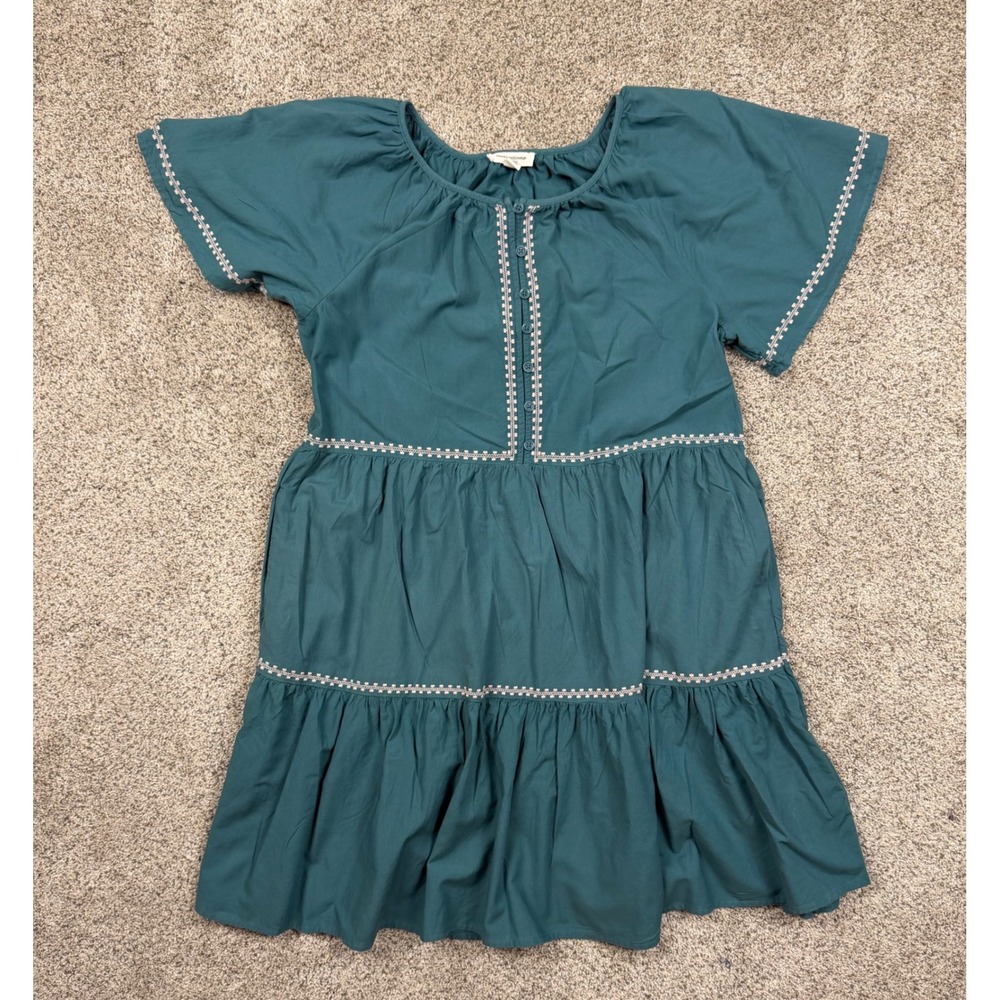 Beachlunchlounge Tiered Mini Dress Womens Medium Teal Green Boho Trim